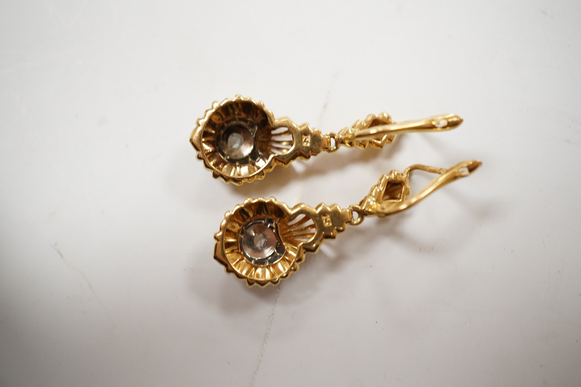 A pair of 18k and rose cut diamond set drop earrings, 29mm, gross weight 4.5 grams. Condition - fair to good.